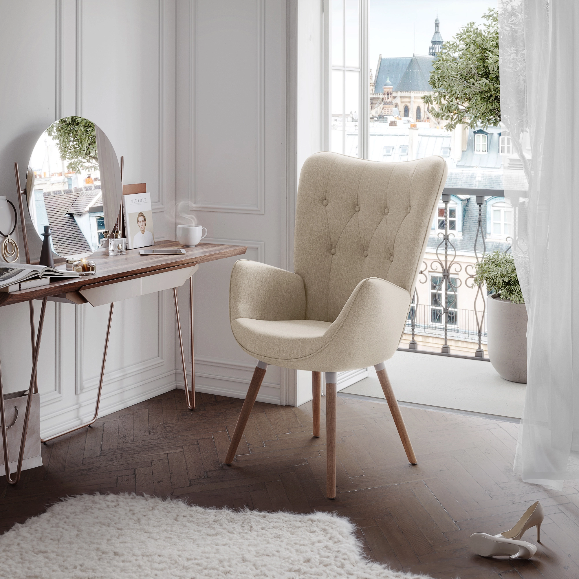 Lifestyle CGI image of a cream lounge chair in a bright interior